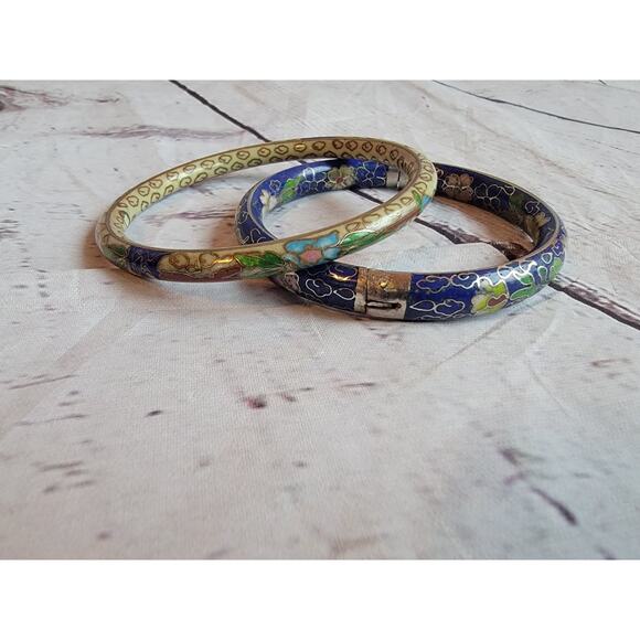 Set 2 Cloisonne Bracelet Bangle Hinged 2.5" Cobalt Blue Flowers Vintage Enamel - Picture 4 of 7